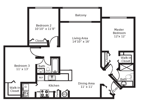 Floor plan for 3 beds, 2 baths, 1385 sqft